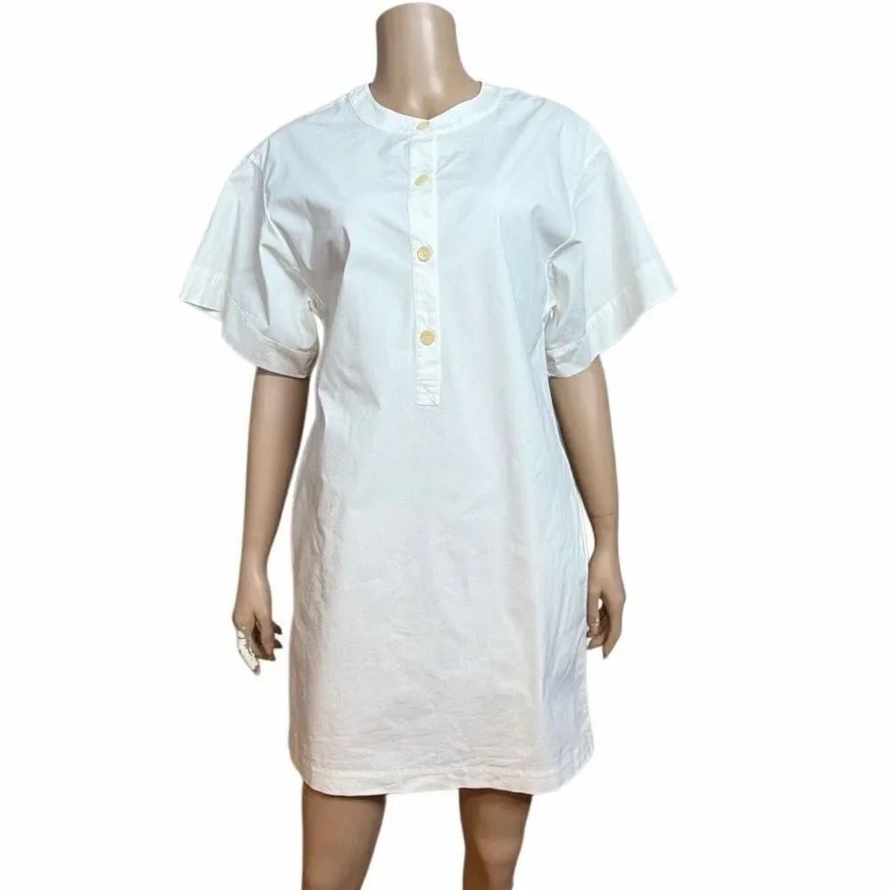 Theory Cuffed Shift Shirt Dress White Cotton Blend 4 (064)